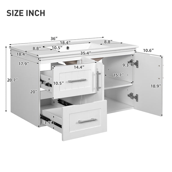 English Elm 36'' Wall Mounted Bathroom Vanity with Ceramic Sink, Solid Wood & MDF Floating Cabinet with Drawers White N710P293299K
