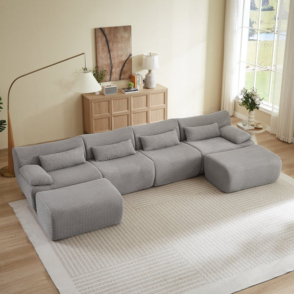 English Elm Sectional U-shaped Corduroy Sofa with Ottoman Convertible Layout for Any Living Room Grey W2339S00154