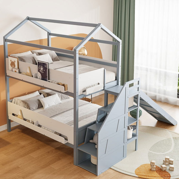 English Elm House-shaped Pine Bunk Bed with Built-in Slide Storage Staircase Twin Over Full Kids Frame Grey+White N820S00082E