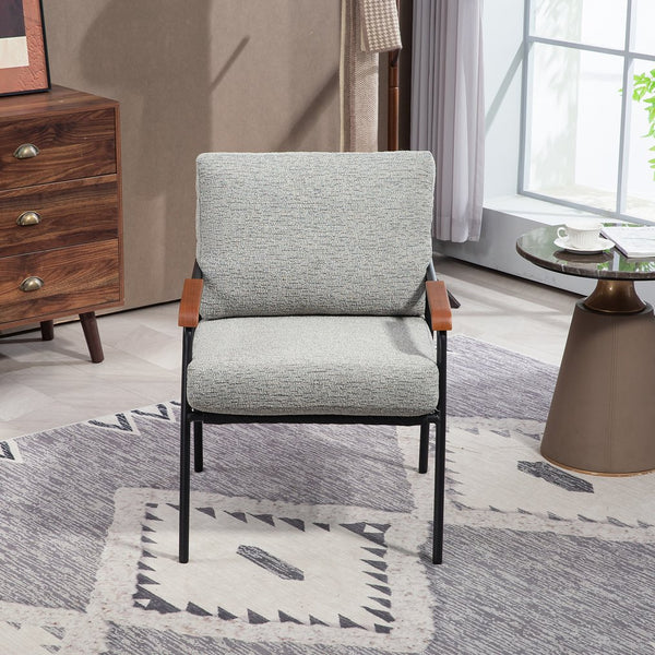 English Elm Modern Accent Chair with Natural Wood Arms, Black Metal Frame, Plush High-Rebound Cushion Comfort Grey W2215P248473