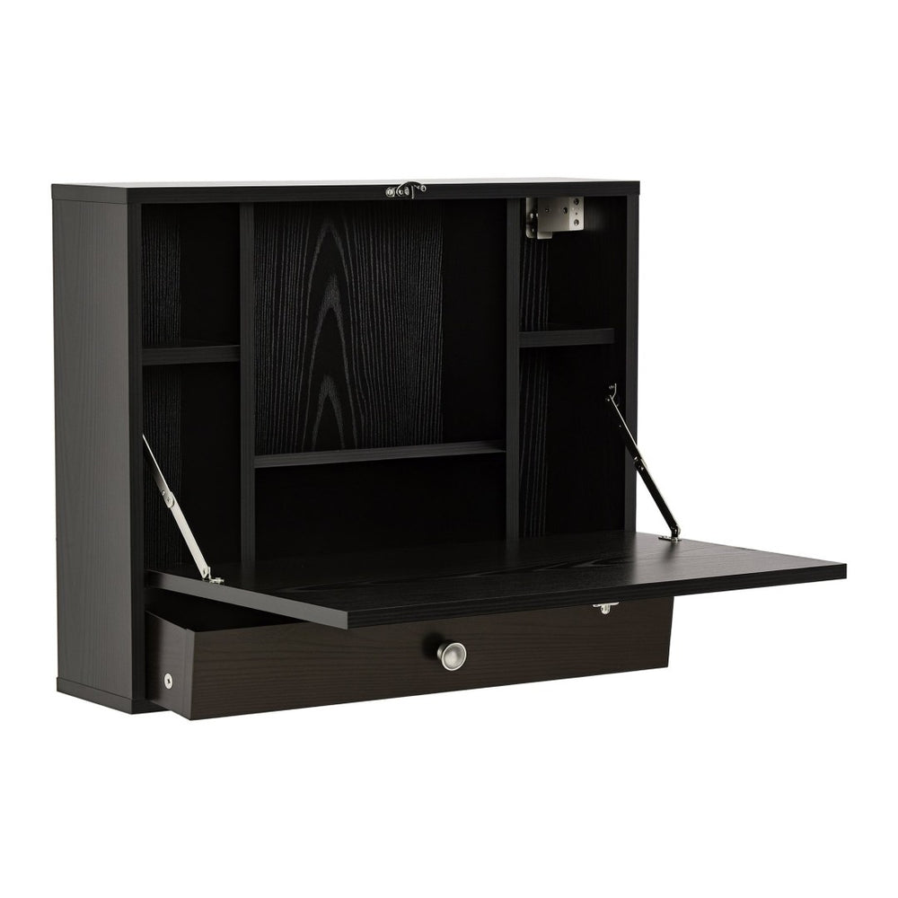 English Elm Wall Mounted Fold Down Floating Desk with Storage Shelves for Home Office Nooks T3971P387001