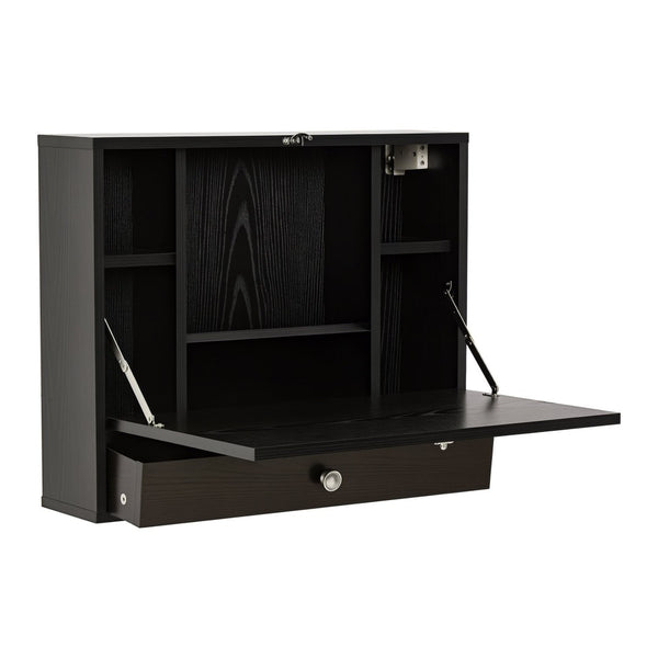English Elm Wall Mounted Fold Down Floating Desk with Storage Shelves for Home Office Nooks T3971P387001