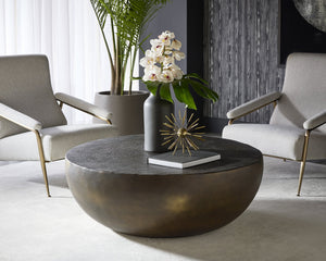Sunpan Cale Coffee Table - Handcrafted Antique Bronze Drum Design with Etched Top for Unique Home Decor