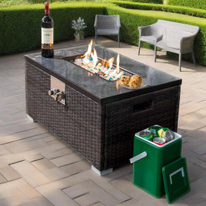 English Elm 32" Propane Fire Pit Table 50000 BTU Rectangular Ceramic Tile Top Wicker Base Pulse Ignition Outdoor W85335465