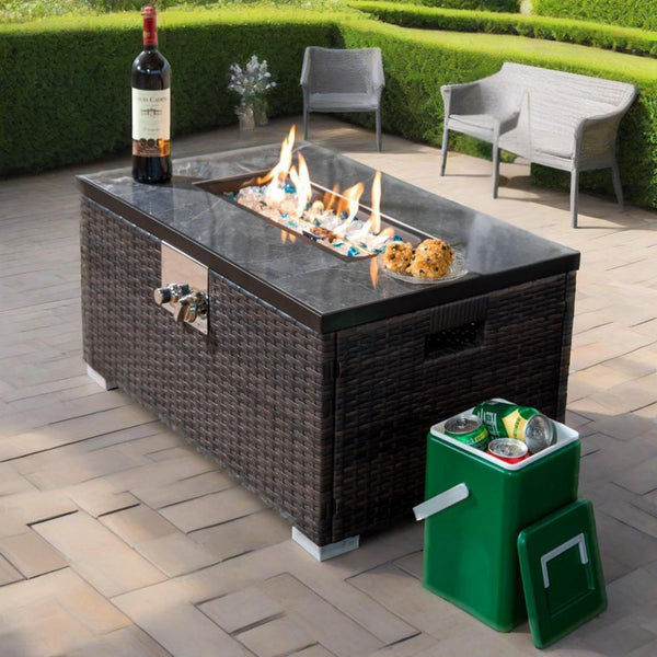 English Elm 32" Propane Fire Pit Table 50000 BTU Rectangular Ceramic Tile Top Wicker Base Pulse Ignition Outdoor W85335465