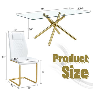 English Elm Table Modern Luxurious Glass Dining Set With 8 Ergonomic Chairs, Gold Legs & White Pu Upholstery W1151S02588-GIGA