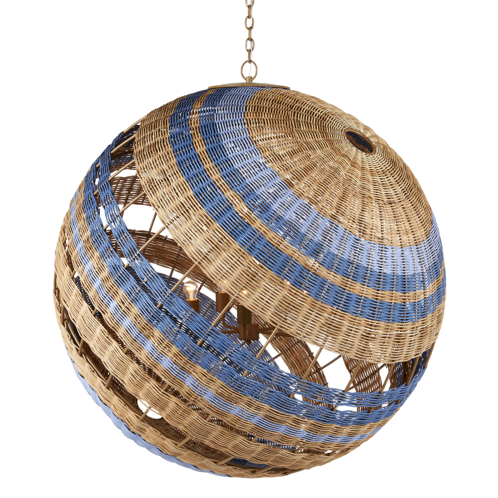Senjyo Tilted Orb Chandelier – Artisan Rattan & Wrought Iron Pendant Light in Blue & Khaki Finish