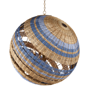 Senjyo Tilted Orb Chandelier – Artisan Rattan & Wrought Iron Pendant Light in Blue & Khaki Finish