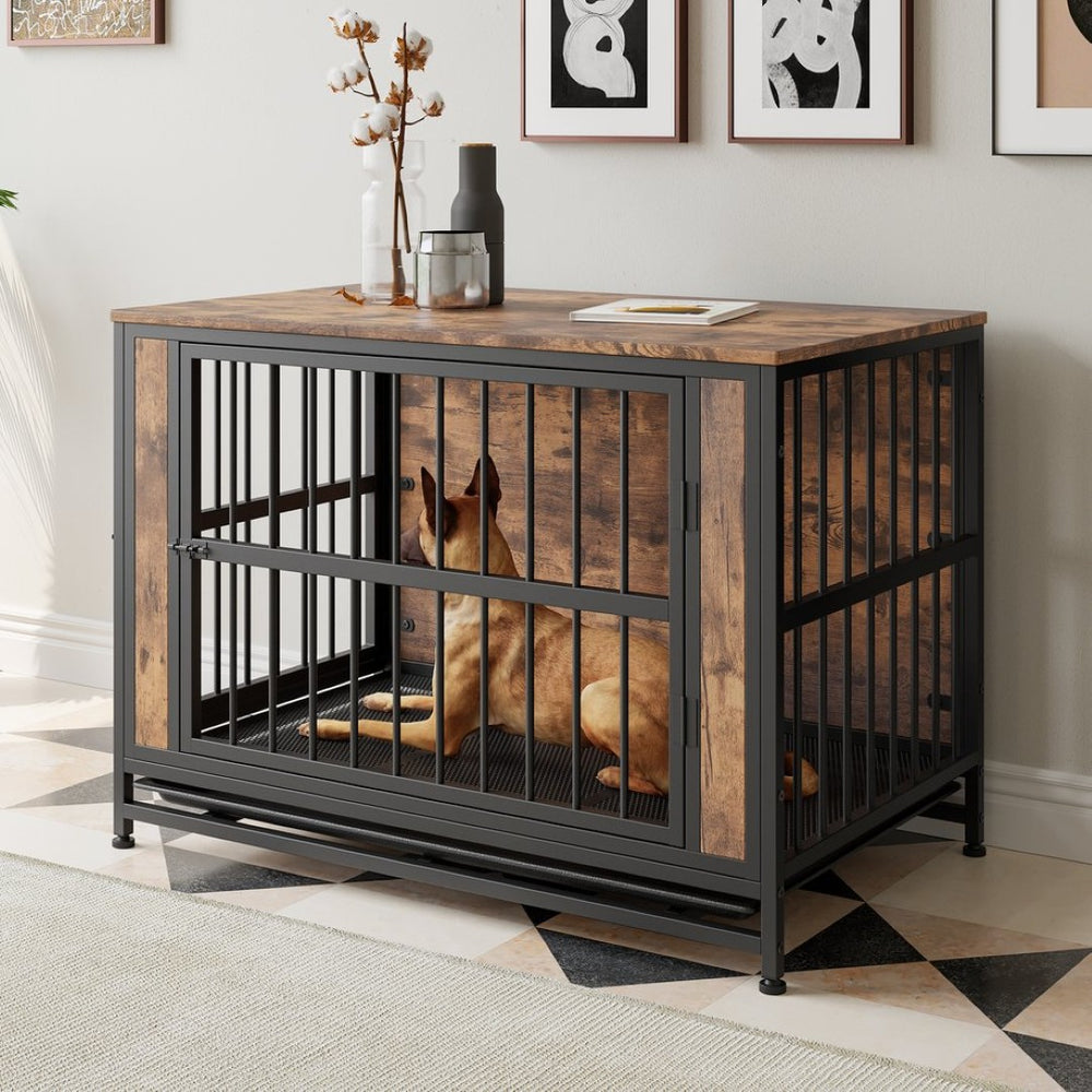 English Elm Dog Crate Furniture Table with Dual Sliding Doors Rustic Wood Mdf Pet House W840P203068