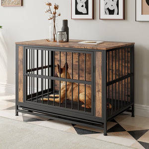English Elm Dog Crate Furniture Table with Dual Sliding Doors Rustic Wood Mdf Pet House W840P203068