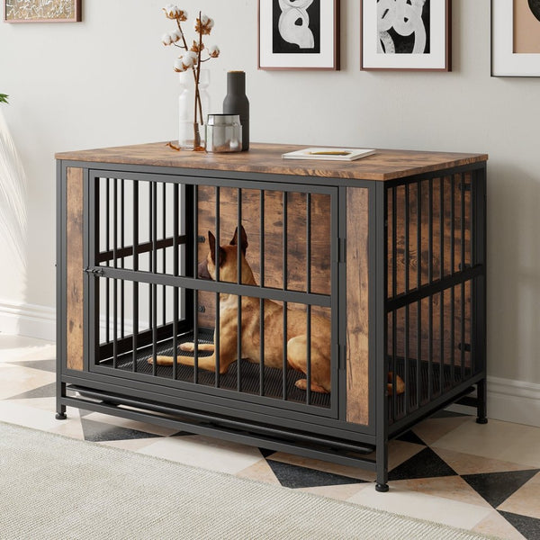 English Elm Dog Crate Furniture Table with Dual Sliding Doors Rustic Wood Mdf Pet House W840P203068