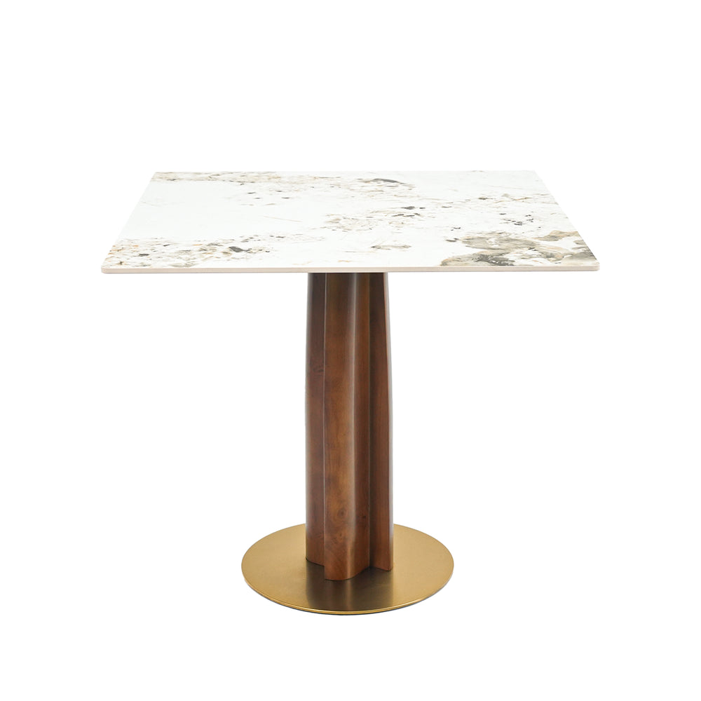 English Elm Modern Square Dining Table: Elegant Sintered Stone With Wooden Legs & Gold Base For Small Spaces W1535S00607