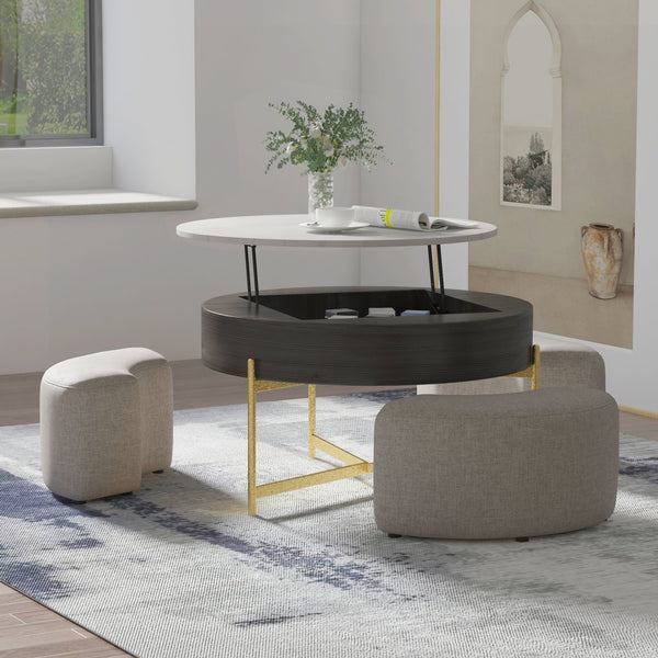 English Elm Vita Modern 31.5" Round Lift-Top Coffee Table Set with Iron Legs and Storage Shelves, Stylish Black,Light beige B341S00043