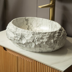 English Elm Luna 18" Bathroom Sink Irregular Oval Resin Vessel with Stone Pattern Artistic Durable Finish Ivory W2615P346504