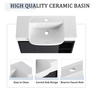 English Elm 28'' Floating Bathroom Vanity with Ceramic Sink Soft Close Door Melamine Cabinet Dark Oak W999P426640