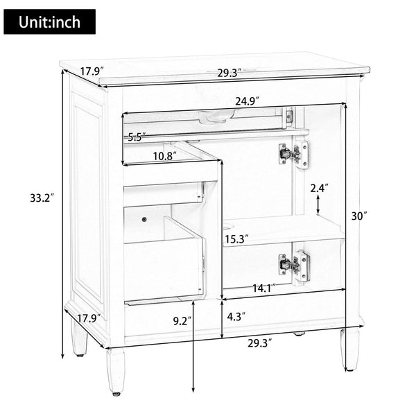 English Elm 30 Inch Freestanding Bathroom Vanity Solid Pine Cabinet Ceramic Sink Top Storage White N725P412782K