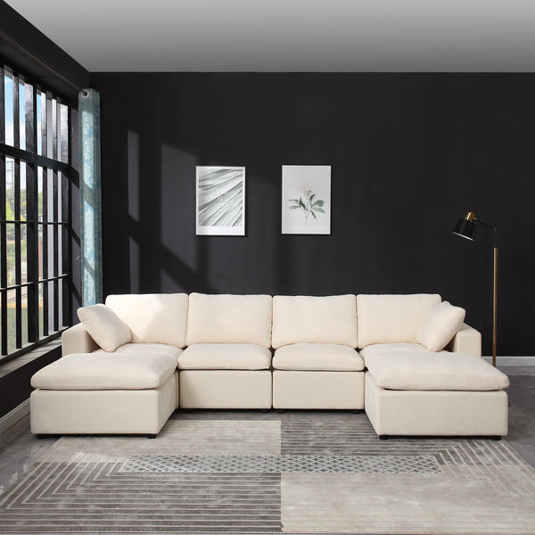 English Elm 123.6" Modular Sectional Sofa - U-Shaped Convertible Couch With Reversible Chaise & Ottomans, Beige W1123S00044