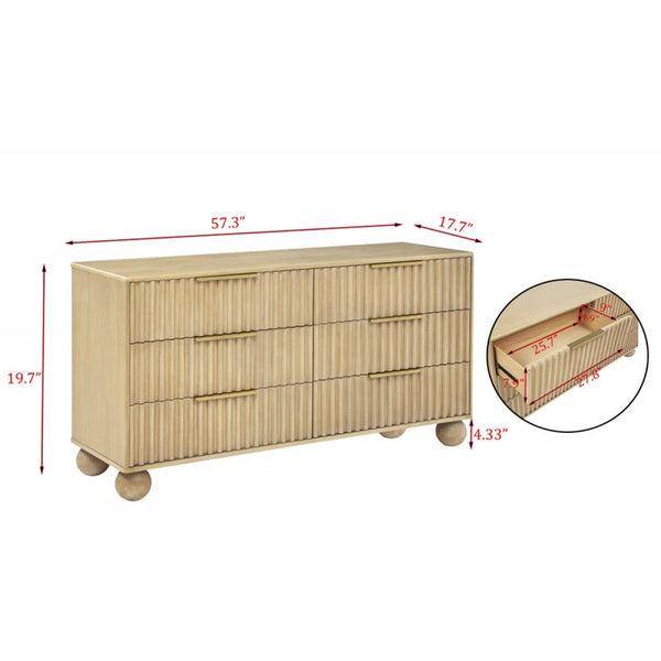 English Elm Modern Fluted 6-Drawer Dresser in Light Oak with Rounded Legs - Sculptural, Warm Wooden Storage Unit B011P380804