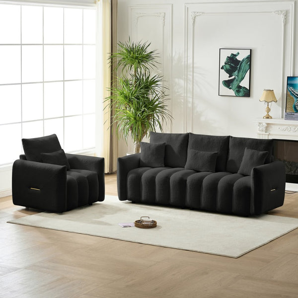 English Elm 80.7 Inch Plush Teddy Velvet 3 Seat Sofa Solid Wood Frame with Six Included Cushions Black W2564S00067