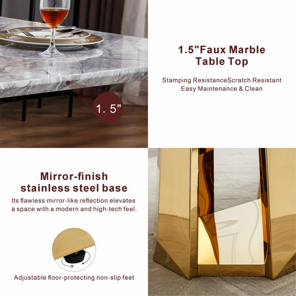 English Elm Marble Dining Table For 6 - Modern Faux Marble Rectangle Table With Gold Stainless Steel Base W3456S00041