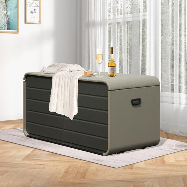 English Elm 200 Gallon Plastic Deck Box - Weatherproof UV-Resistant Patio Storage with Lock Holes, Wheels, Bench Functionality W1859P353180