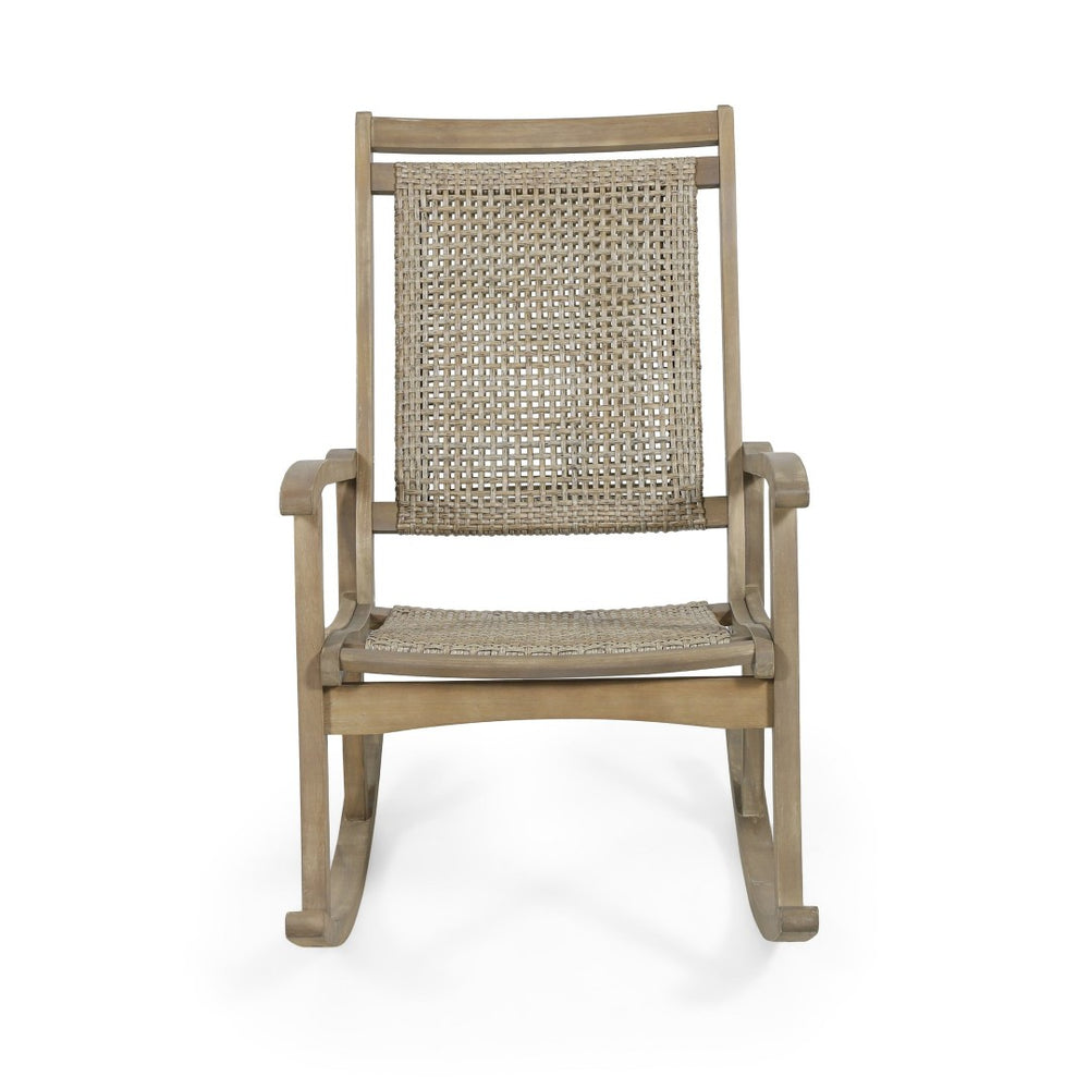 English Elm Lucas Outdoor Rocking Chair Acacia Wood Frame Hand-woven Rattan Porch Seat 69957.00MLBRN