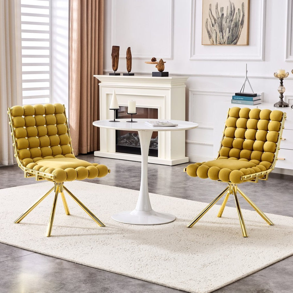 English Elm Set of 2 Dutch Velvet Bubble Backrest Dining Chairs with Sculptural Tufted Design Gold,Yellow W3875P370841