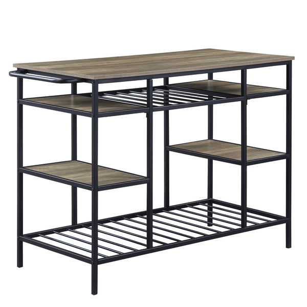 English Elm Lona Rustic Oak Kitchen Island with Black Metal Frame, 6 Open Shelves, 100lb Top Capacity B2726P272332