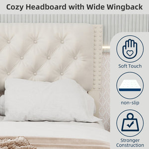 English Elm Velvet Tufted Queen Platform Bed Diamond Headboard for Elegant Master Bedroom W1935P361008