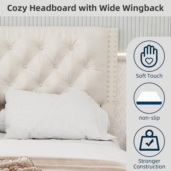 English Elm Velvet Tufted Queen Platform Bed Diamond Headboard for Elegant Master Bedroom W1935P361008