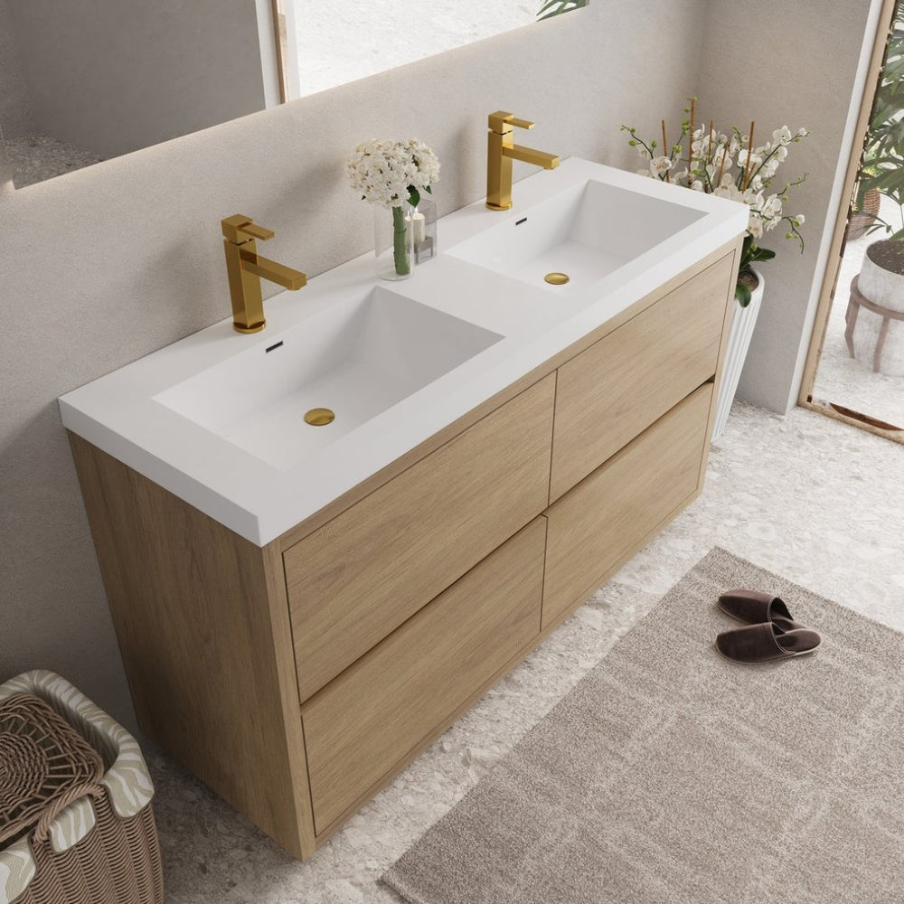 English Elm 60" Floating Bathroom Vanity Stone Resin Double Sink Soft Close Cabinet Spa Modern W1573P211192