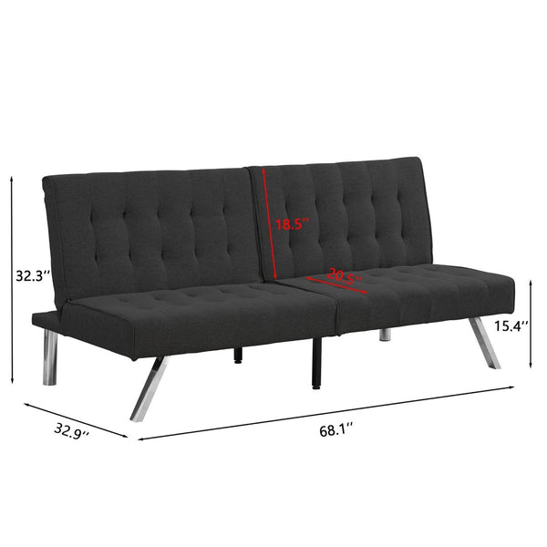English Elm Wood Frame Futon Sofa Bed with Steel Legs Convertible Sleeper for Compact Living W21482229