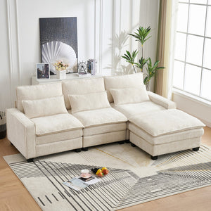English Elm 99'' Sectional Cloud Deep Seat Couch - Plush Chenille 4-Seat L-Shaped Sofa with Movable Ottoman, Stain-Resistant Comfort and Ergonomic Lumbar Support Beige W3373S00023
