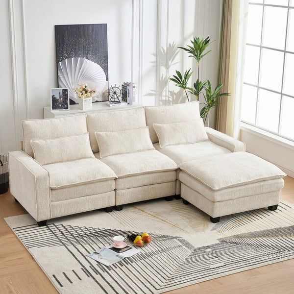 English Elm 99'' Sectional Cloud Deep Seat Couch - Plush Chenille 4-Seat L-Shaped Sofa with Movable Ottoman, Stain-Resistant Comfort and Ergonomic Lumbar Support Beige W3373S00023