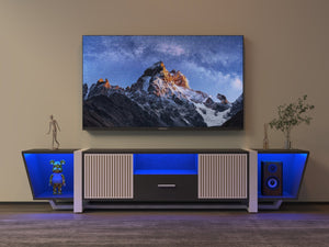 English Elm TV Console Carved Front with Metal Legs – Modern Entertainment Center, High-Capacity Storage Design Black W1701P164320