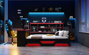 English Elm Full Size Gaming Bed Frame with Desk Led Lights Storage Drawers and Charging Station Black+Red LP000289AAJ