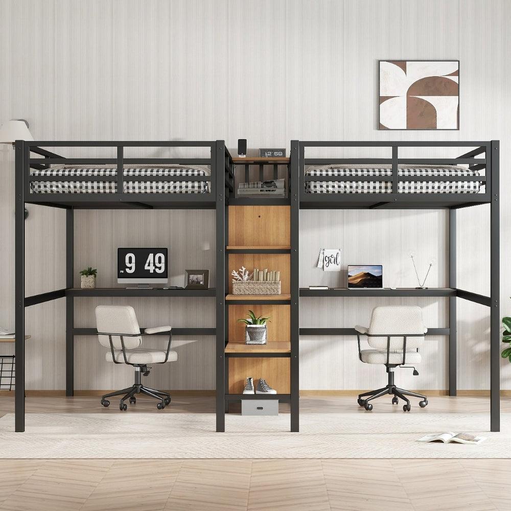 English Elm Twin Over Twin Metal Loft Bed With Double Desk, Wardrobe & Outlets For Ultimate Space Efficiency W1580S00115-GIGA
