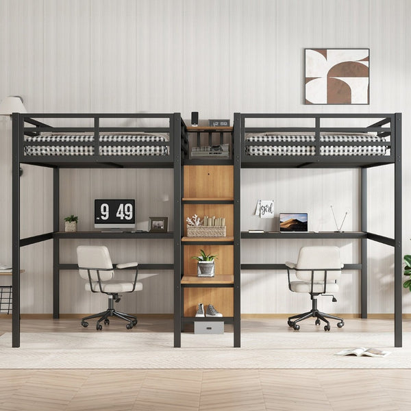 English Elm Twin Over Twin Metal Loft Bed With Double Desk, Wardrobe & Outlets For Ultimate Space Efficiency W1580S00115-GIGA