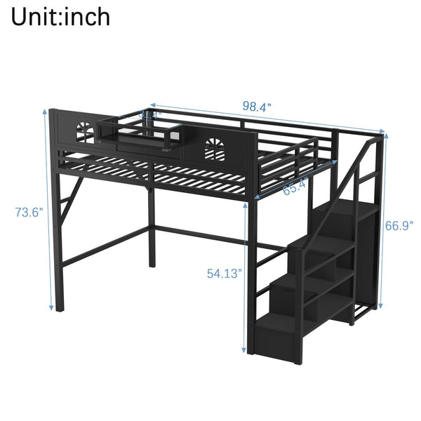 English Elm Metal Queen Loft Bed with L Shaped Desk Wardrobe Led Lighting and Usb for Teens Black W2593S00061