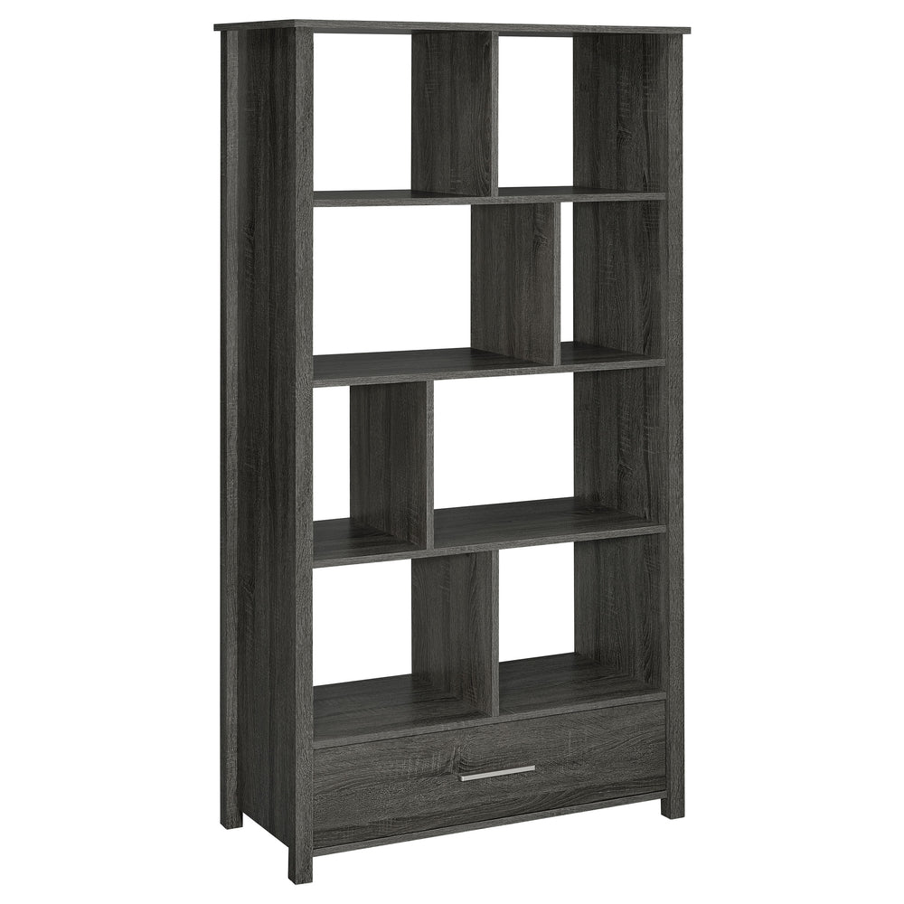 English Elm Dylan Weathered Grey 4-Shelf Bookshelf with Curved Glass Top, Bottom Drawer Storage, Modern 68" Tall B062P344934