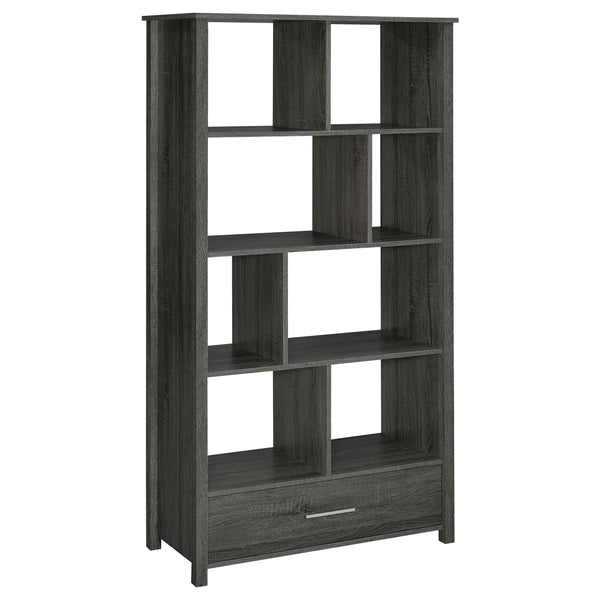 English Elm Dylan Weathered Grey 4-Shelf Bookshelf with Curved Glass Top, Bottom Drawer Storage, Modern 68" Tall B062P344934