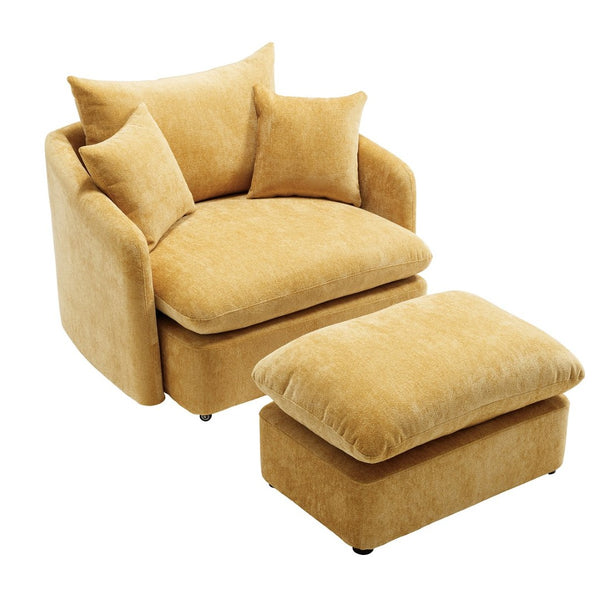 English Elm 360° 360 Swivel Oversized Chenille Armchair with Pocket Spring Seat and Three Throw Pillows Yellow W1361S00091