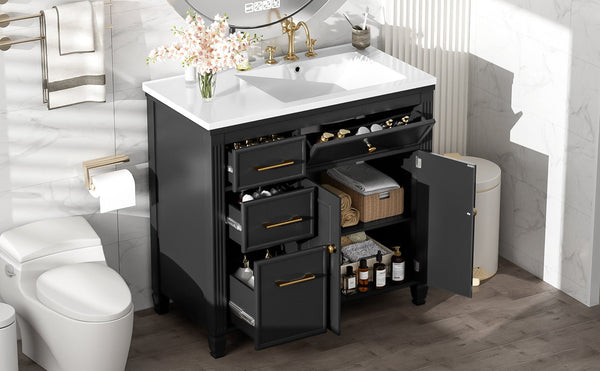 English Elm Christopher Knight Home® - 36" Freestanding 36-inch Modern Bathroom Vanity with Ceramic Sink, Ample Storage, Solid Legs, Durable Finish Black N759P284623B