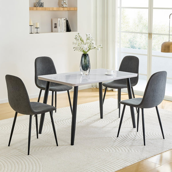 English Elm Table and Chair Set Marble Glass Top with Charcoal Linen Seats for Modern Dining W1151S04665