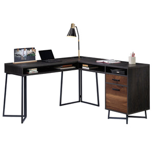 English Elm L-Shaped Desk In Rich Dark Walnut Finish - Space-Saving Workstation With Ample Storage & Cable Management B356P354466