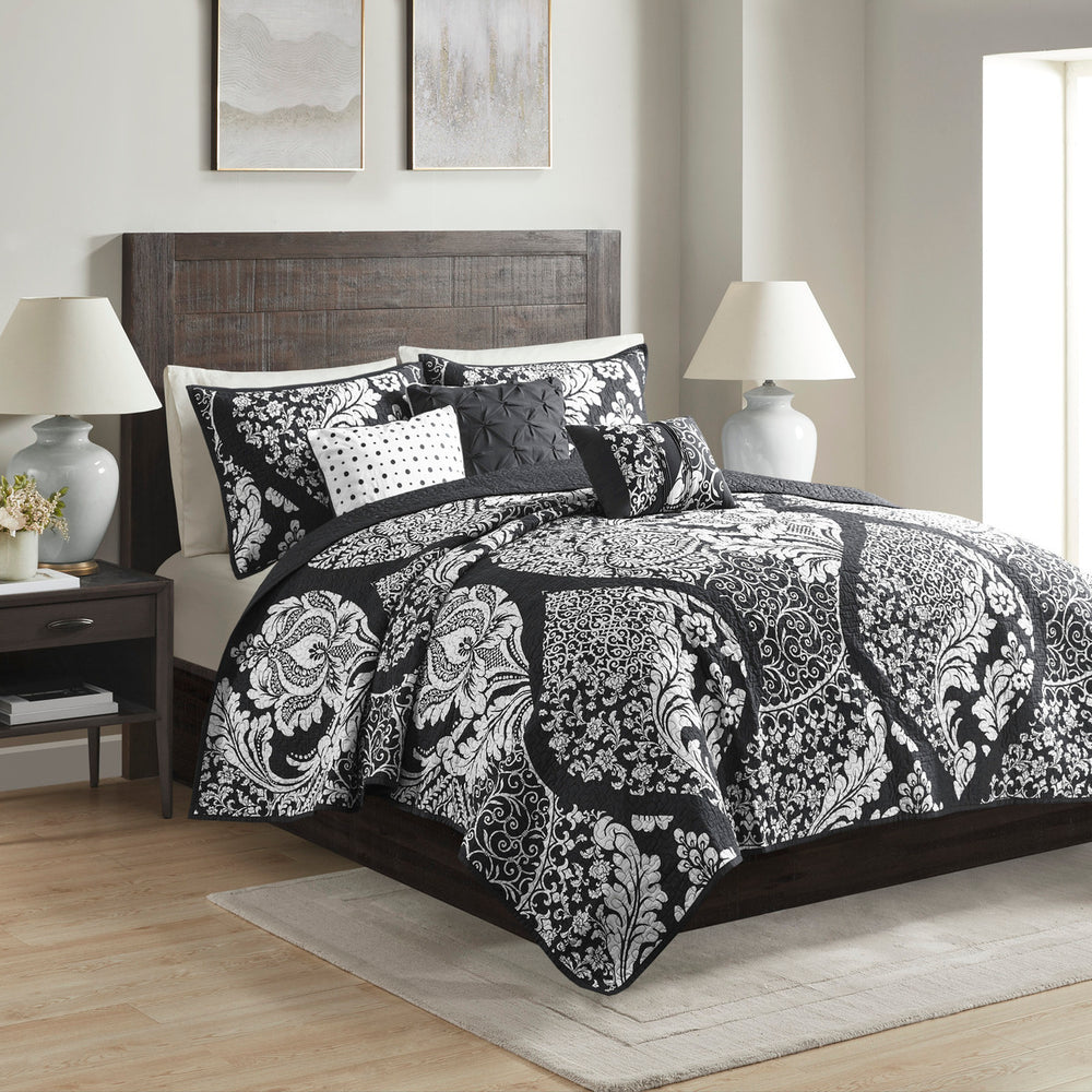 English Elm 6 Madison Park Vienna 6 Piece Reversible Cotton Quilt Set Full/Queen Damask Sateen OEKO-TEX Certified B03597639