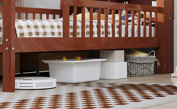 English Elm Twin Bed With Walnut Finish, Headboard Storage, Two Under-Bed Drawers & Safety Guardrails For Kids N733P272374D-GIGA