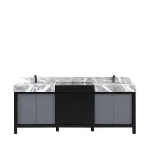 English Elm Black Black and Grey Double Bath Vanity 84in W x 22in D with Castle Grey Marble Top and Gun Metal Faucet Set B2731P261130
