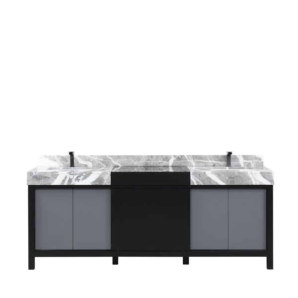 English Elm Black Black and Grey Double Bath Vanity 84in W x 22in D with Castle Grey Marble Top and Gun Metal Faucet Set B2731P261130