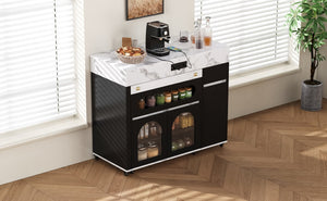 English Elm Trexm Rolling Kitchen Island Extendable Marble Top Cabinet Drawers Power Outlet Black,White Marble XW000029AAB
